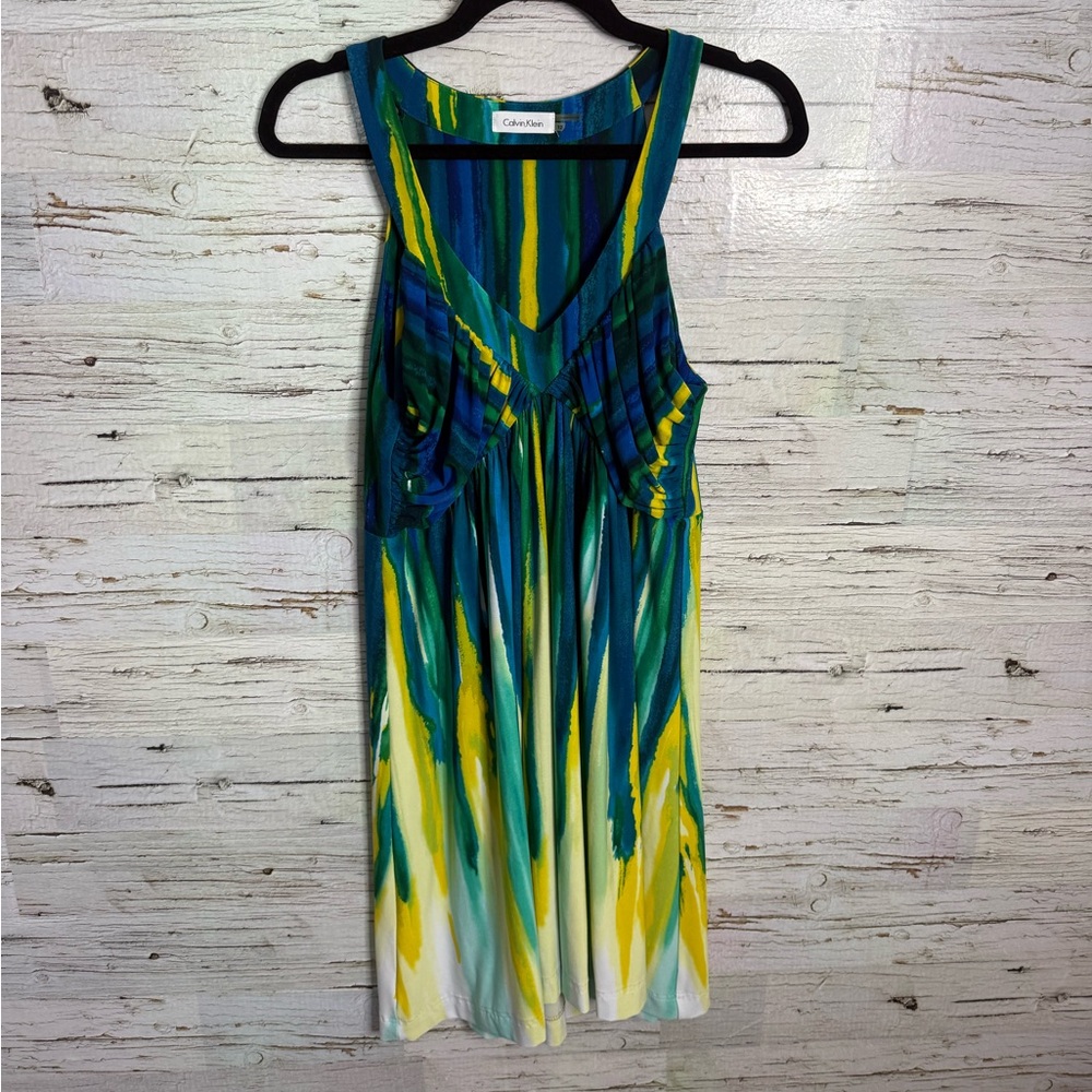 Calvin Klein blue/green/yellow abstract stripe jersey dress size 12